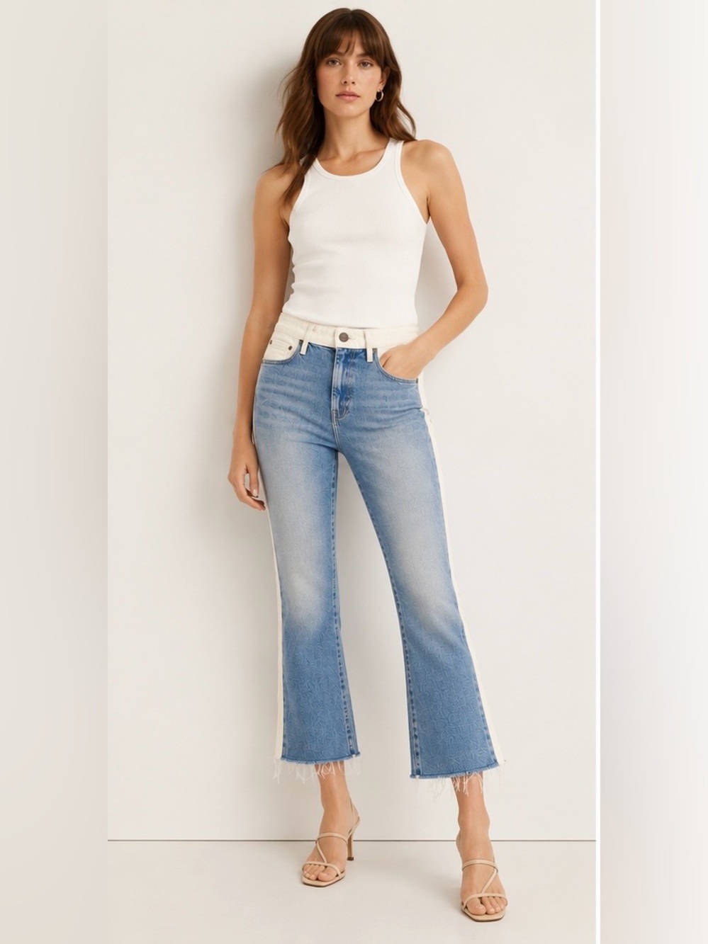 EUC FRAME Le Crop Mini Boot Striped Cropped Bootcut Jeans Blue Cream 26